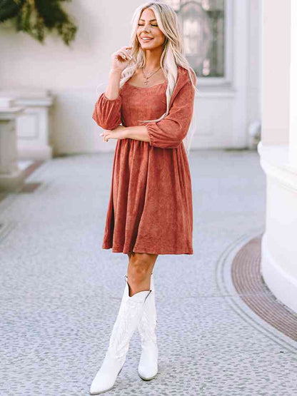 Square Neck Three-Quarter Sleeve Mini Dress