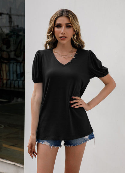 V-Neck Decorative Buttons Puff Sleeve Tee