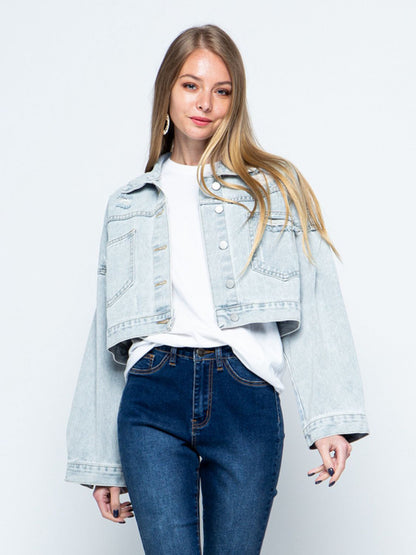 Cropped Collared Neck Dropped Shoulder Denim Jacket