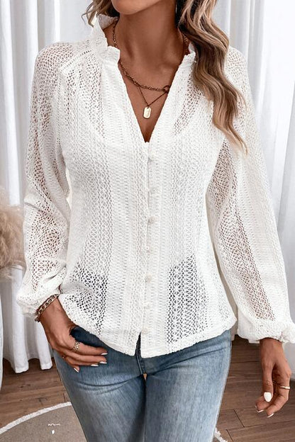 Openwork Button Up Long Sleeve Shirt