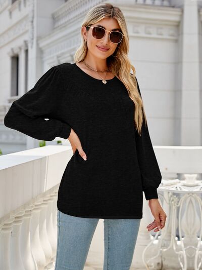 Heathered Round Neck Lantern Sleeve Blouse