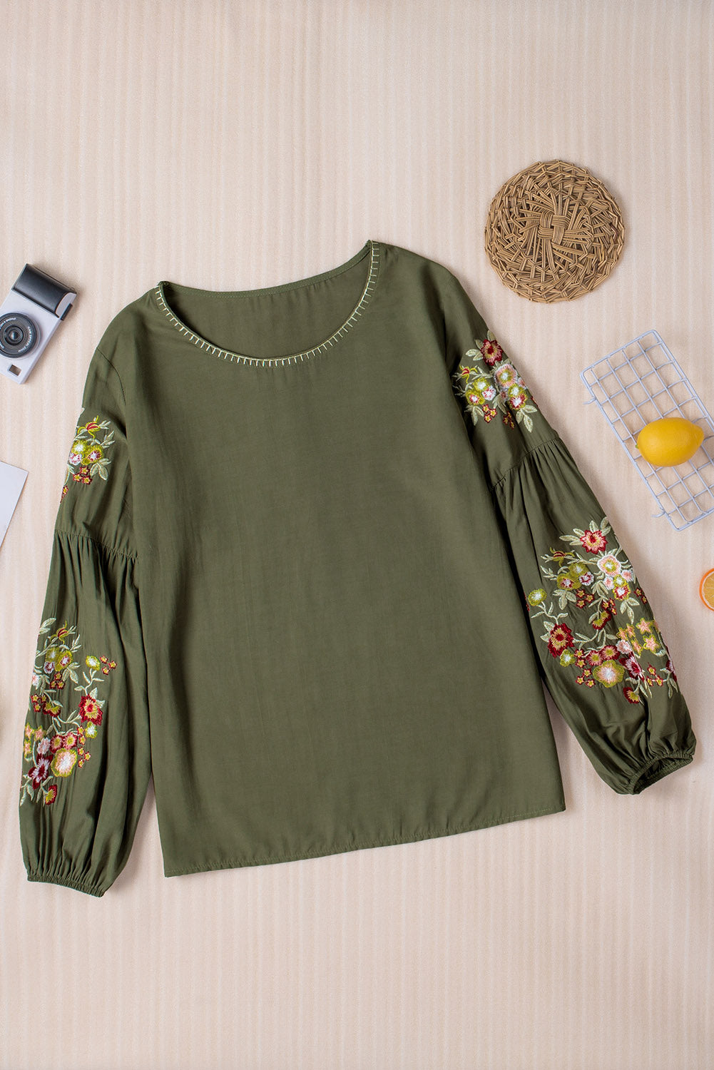 Embroidered Round Neck Balloon Sleeve T-Shirt