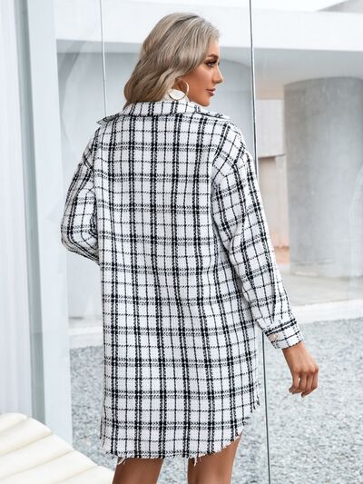 Plaid Pocketed Button Up Dropped Shoulder Jacket