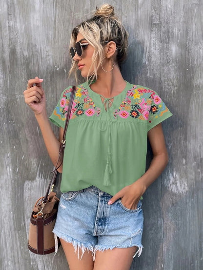 Printed Notched Neck Short Sleeve Blouse