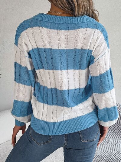 Cable-Knit Striped Long Sleeve Sweater