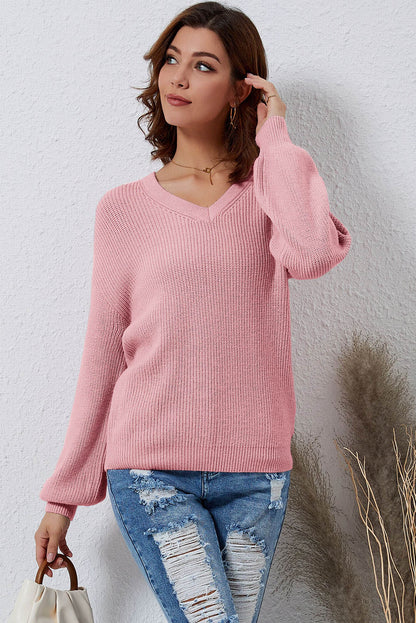 V-Neck Ribbed Dropped Shoulder Sweater