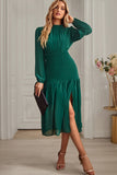 Slit Smocked Mock Neck Puff Sleeve Midi Dress