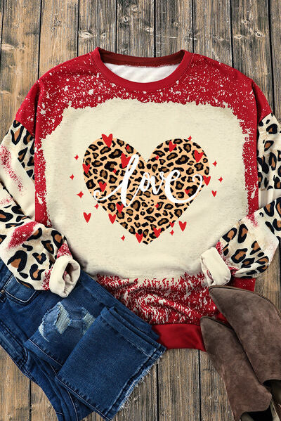 LOVE Heart Leopard Round Neck Sweatshirt