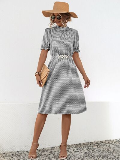 Printed Mock Neck Flounce Sleeve Dress