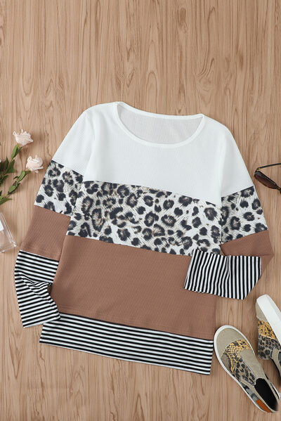 Waffle-Knit Leopard Round Neck Long Sleeve T-Shirt