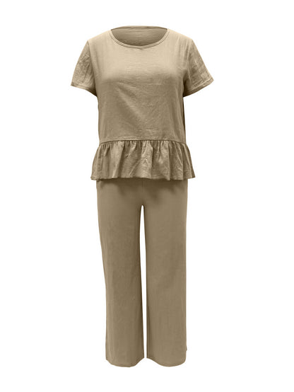 Peplum Round Neck Short Sleeve Top and Pants Set