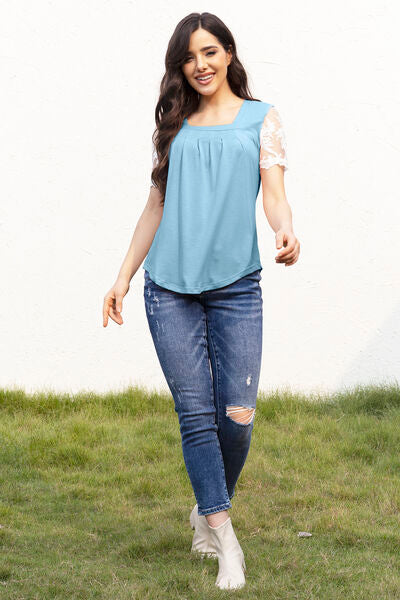 Square Neck Lace Short Sleeve T-Shirt