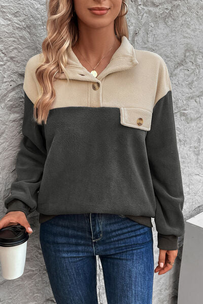 Color Block Quarter Button Dropped Shoulder Sweatshirt