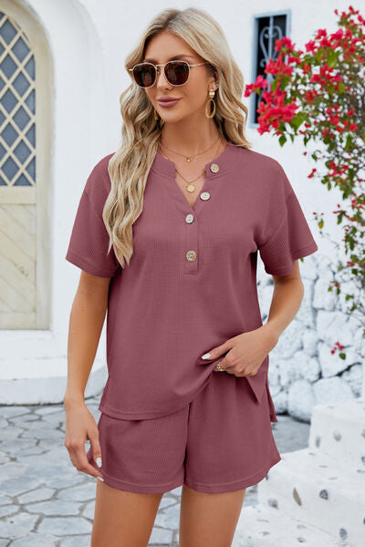 Notched Button Detail Dropped Shoulder Top and Shorts Set