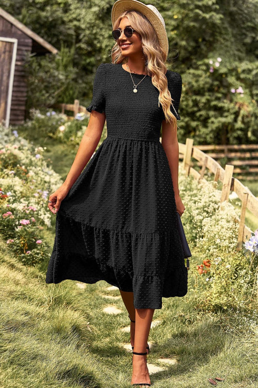 Swiss Dot Smocked Round Neck Short Sleeve Midi Dress