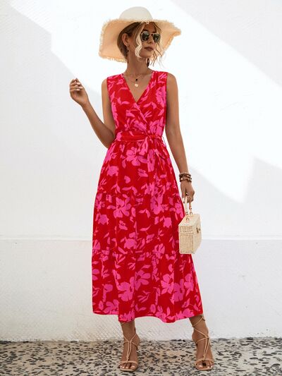 Tied Printed Surplice Tiered Dress