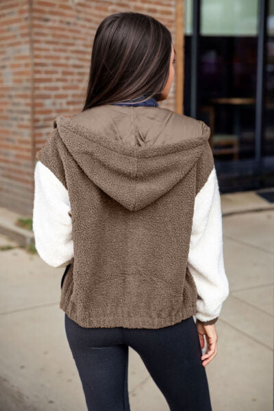 Fuzzy Zip Up Drawstring Hooded Jacket