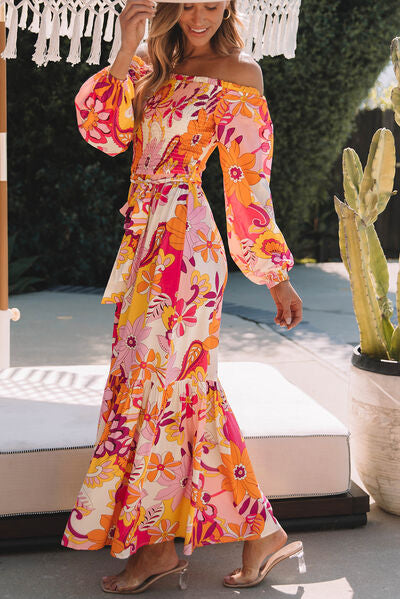 Printed Off-Shoulder Balloon Sleeve Maxi Dress