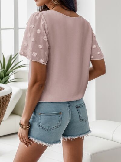 Swiss Dot Round Neck Short Sleeve Blouse