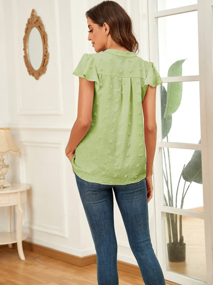 Swiss Dot Notched Cap Sleeve Blouse