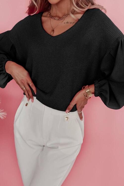 Waffle -Knit V-Neck Long Sleeve Blouse