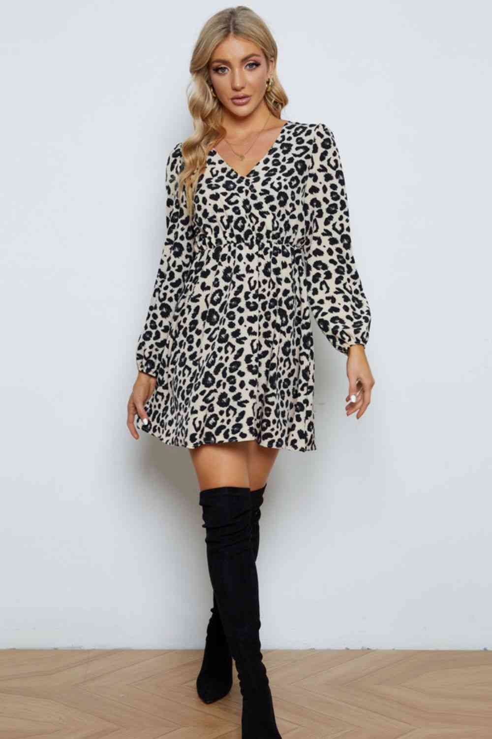 Leopard V-Neck Balloon Sleeve Dress