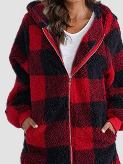 Plaid Zip Up Hooded Jacket with Pockets