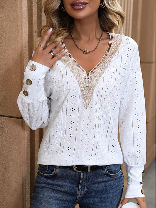 Eyelet V-Neck Dropped Shoulder Top