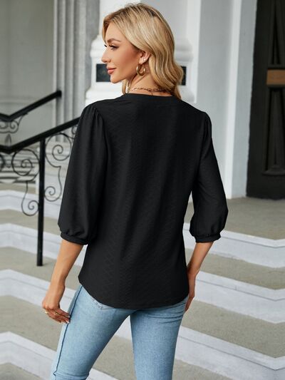 Textured Notched Three-Quarter Sleeve Blouse