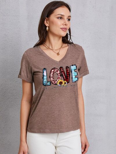 Letter Graphic V-Neck Short Sleeve T-Shirt