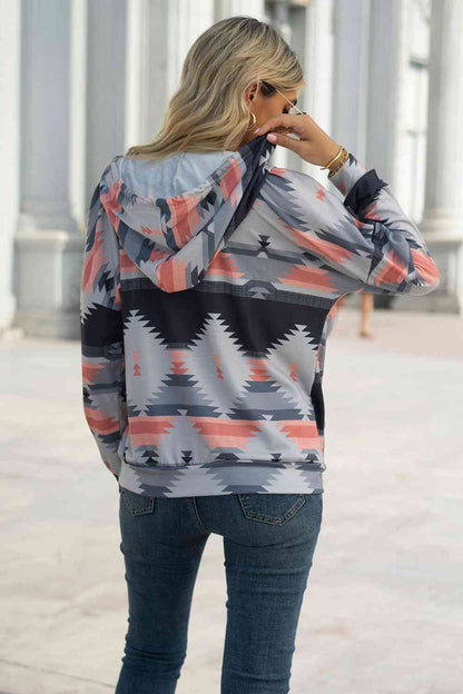 Geometric Drawstring Dropped Shoulder Hoodie