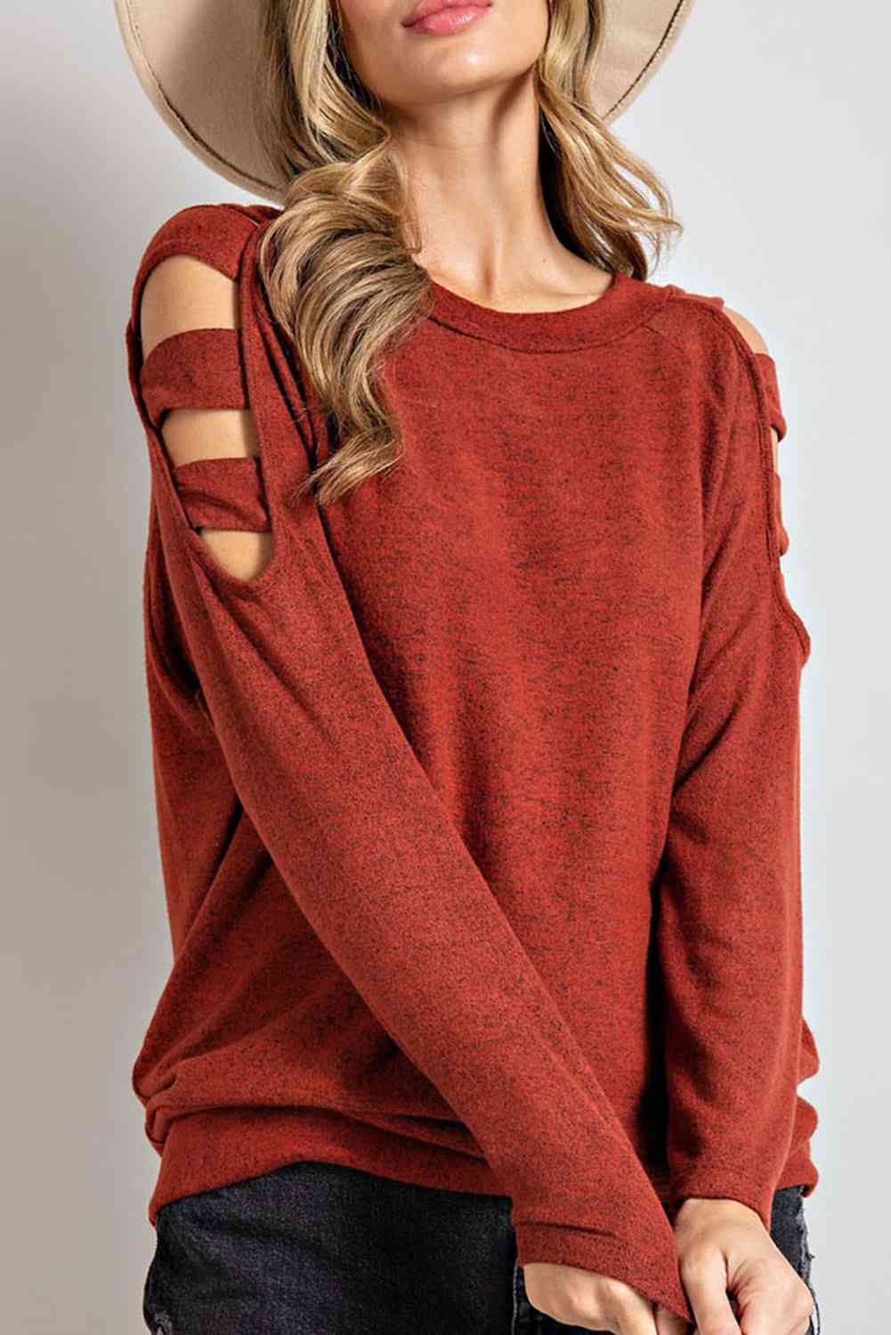 Cutout Round Neck Long Sleeve Blouse