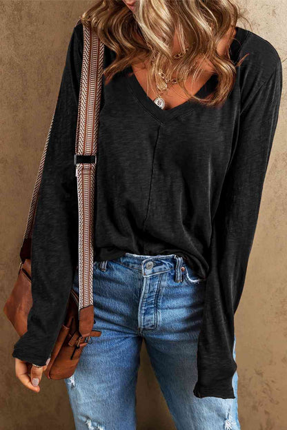 Exposed Seam V-Neck Long Sleeve T-Shirt