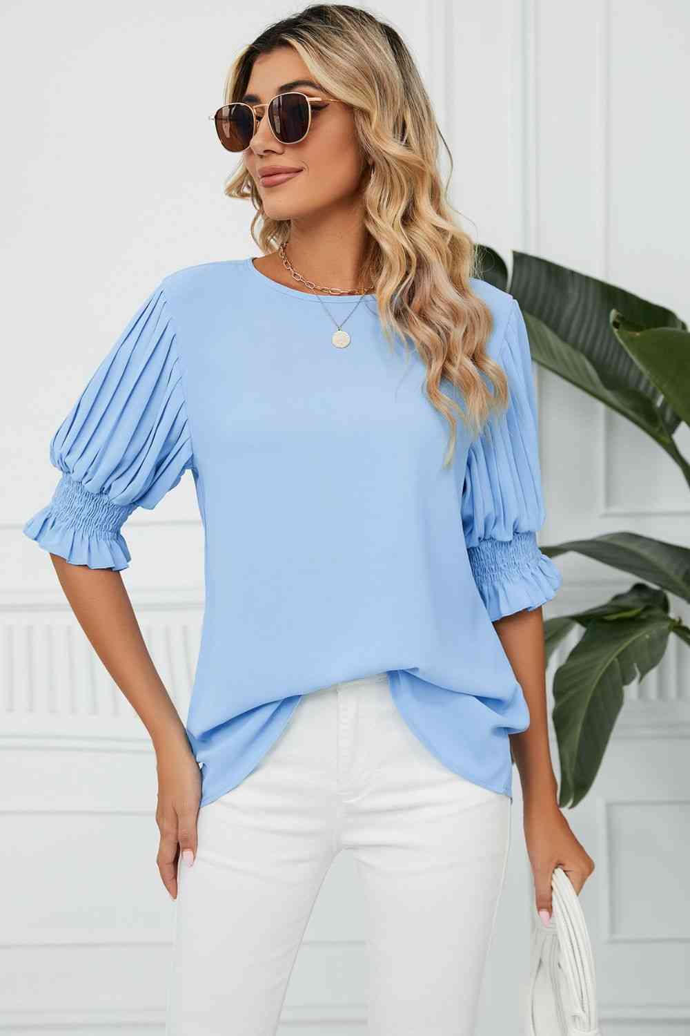 Pleated Flounce Sleeve Keyhole Blouse