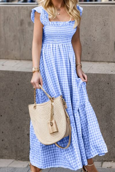 Full Size Smocked Ruffled Plaid Ruffle Hem Dress