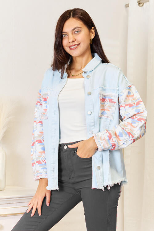 Buttoned Collared Neck Denim Jacket