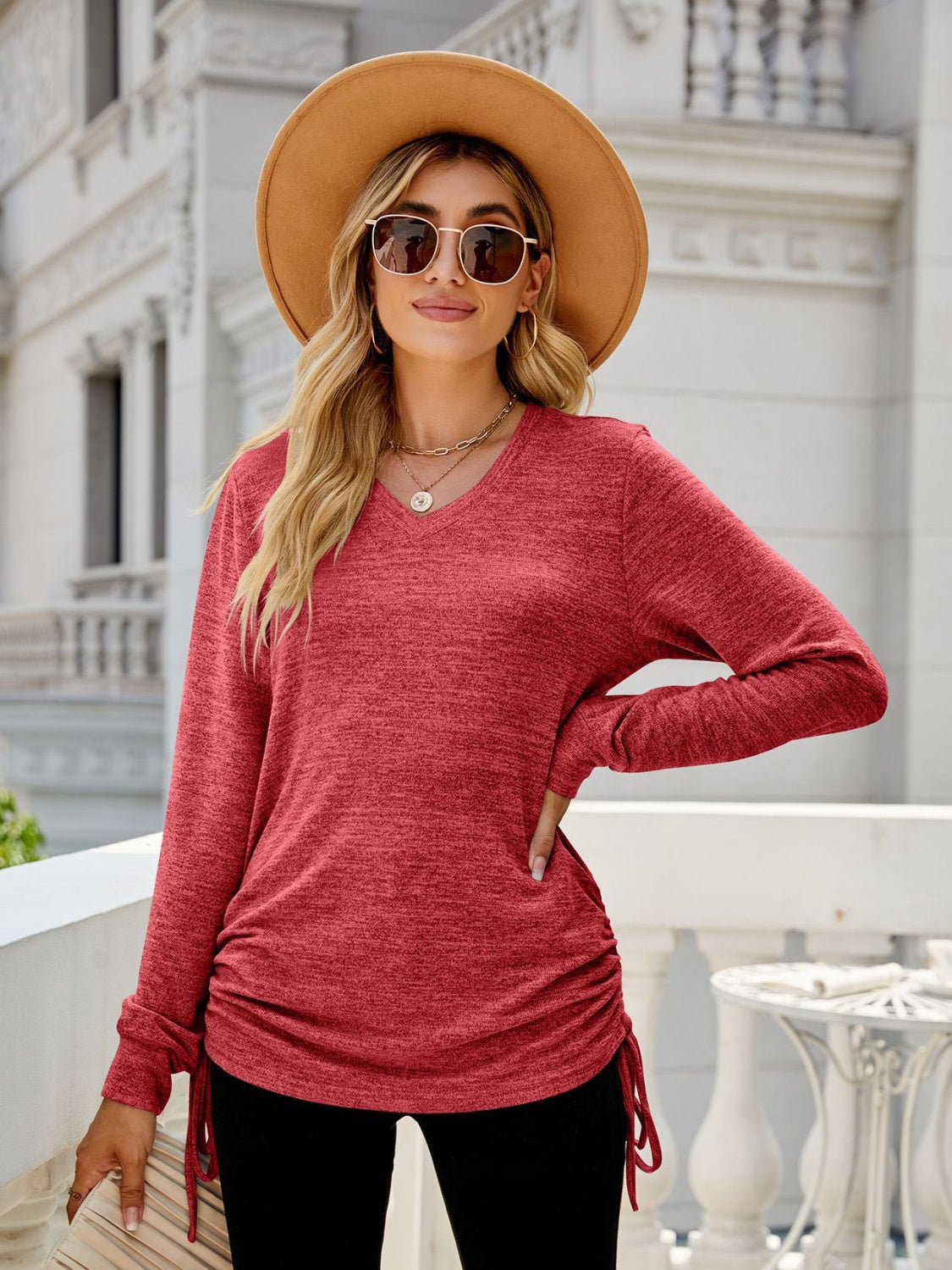 Drawstring V-Neck Long Sleeve T-Shirt