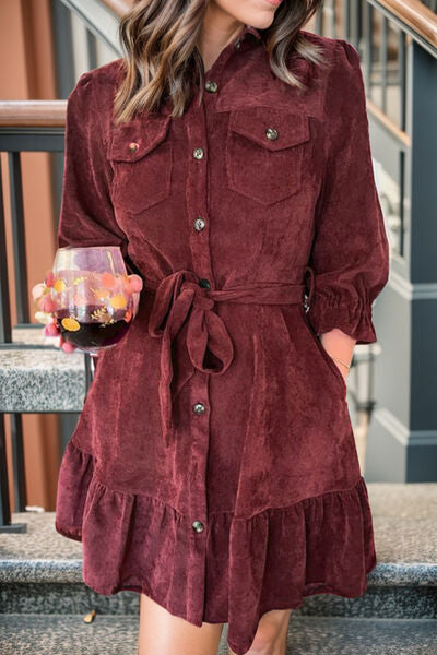 Tied Button Up Ruffle Hem Dress