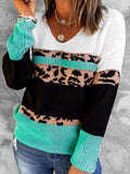 Leopard Color Block V-Neck Rib-Knit Sweater