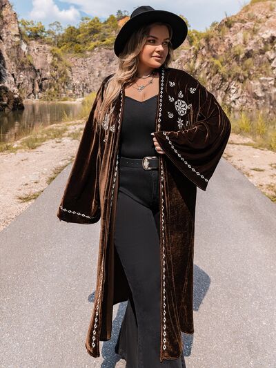 Plus Size Embroidery Open Front Long Sleeve Cardigan