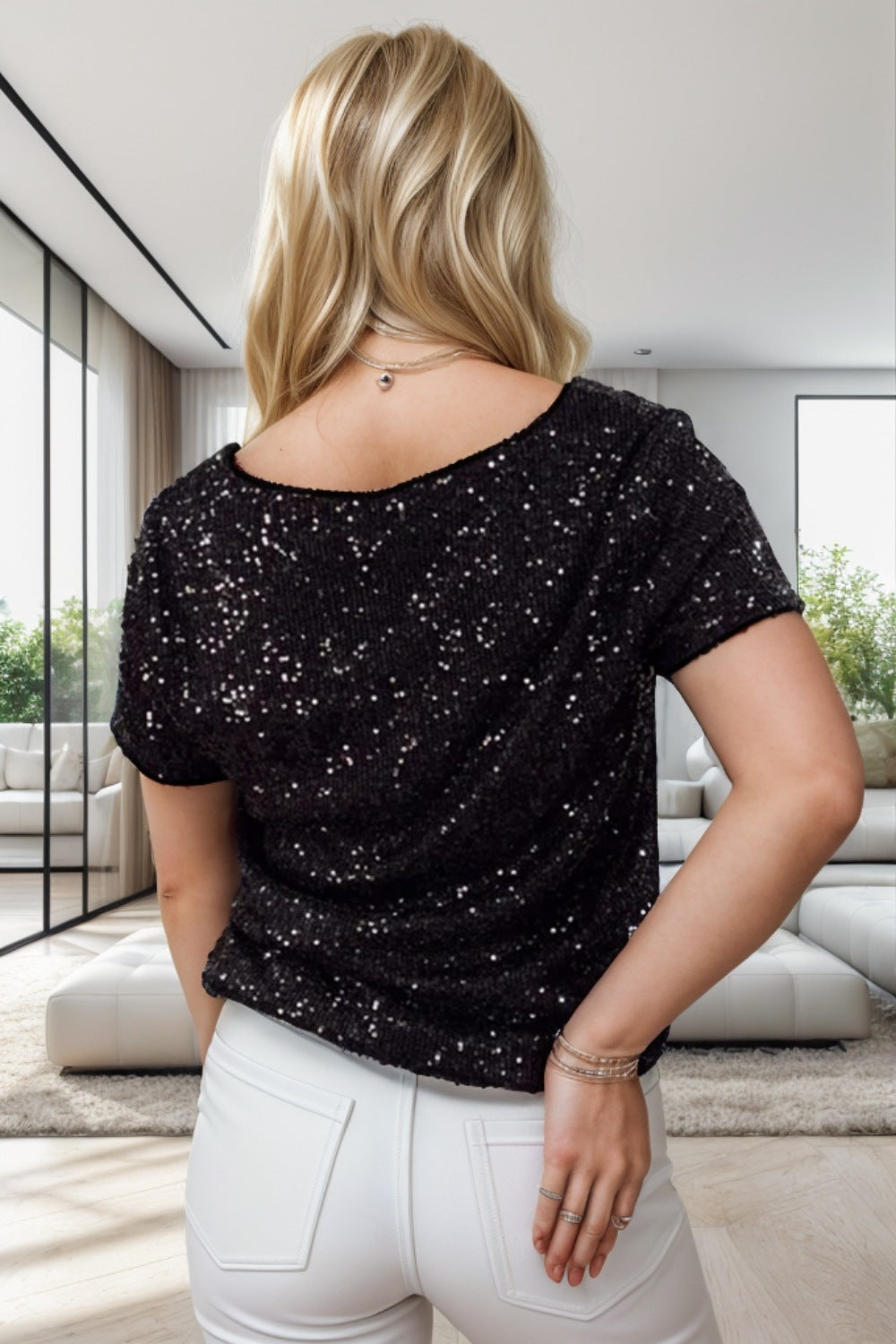 Sequin Round Neck Short Sleeve T-Shirt