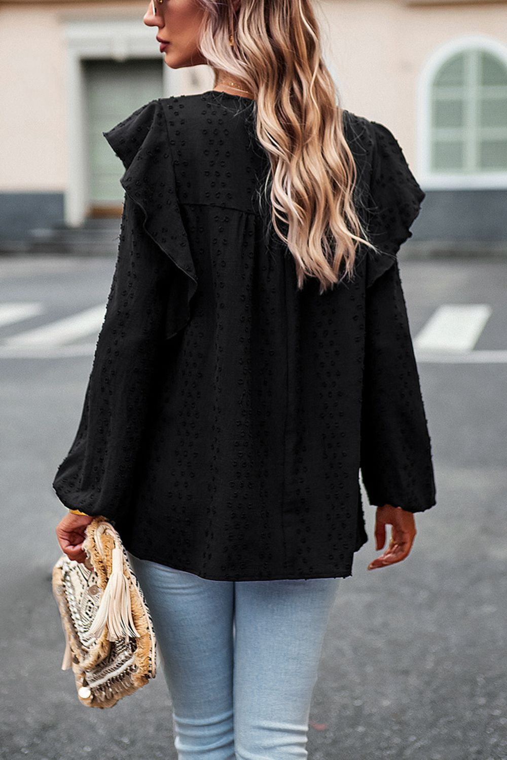 Ruffle Trim Balloon Sleeve Blouse