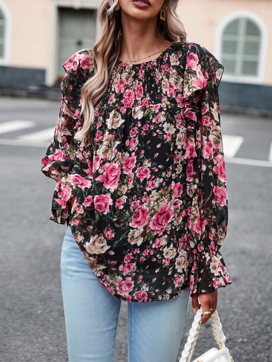 Smocked Round Neck Flounce Sleeve Blouse