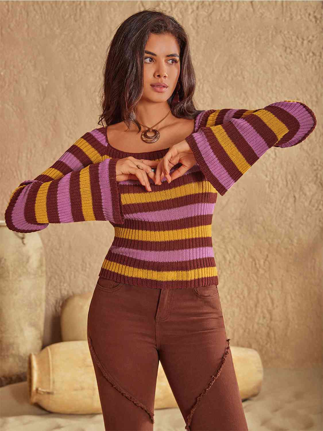 Striped Boat Neck Flare Sleeve Knit Top