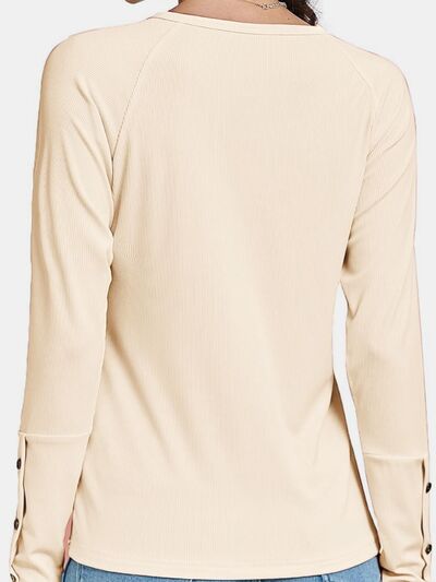 Decorative Button V-Neck Long Sleeve T-Shirt