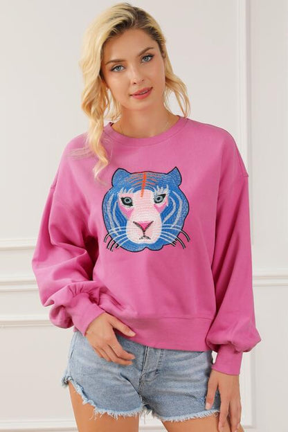 Tiger Embroidered Drop Shoulder Sweatshirt