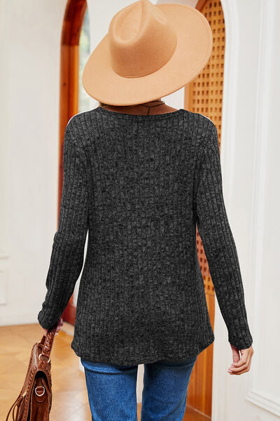 Eyelet Ribbed Round Neck Long Sleeve T-Shirt