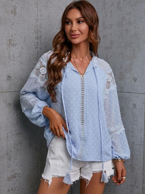 Crochet Tassel Tie Neck Long Sleeve Blouse