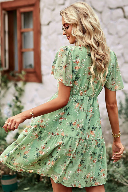 Floral Notched Flutter Sleeve Mini Dress