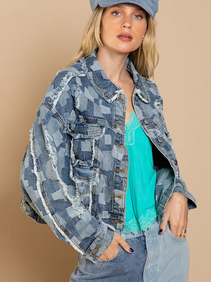 Plaid Raw Hem Dropped Shoulder Denim Jacket